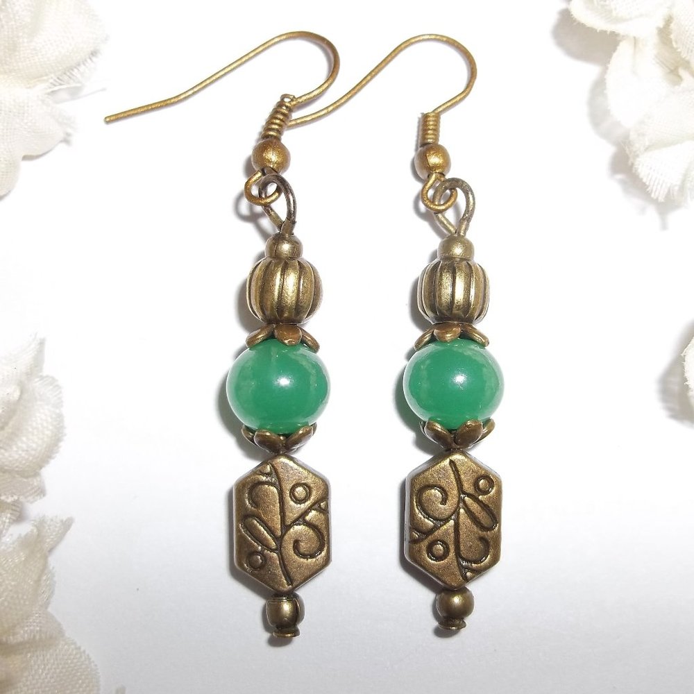 Handmade Beaded Dangle Boho Earrings Faux Jade Green Jewelry Set Gift NWT 5808 - Picture 1 of 8